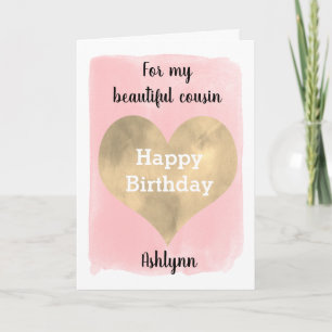 Aquarell Rosa und Gold Herz Geburtstag Cousine Karte