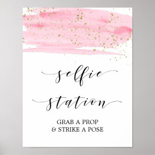 Aquarell-Rosa-und-Gold-Selfie-Station-Schild Poster