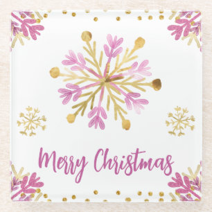 Aquarell-Rosa-und-Gold-Winter-Schneeflocke Glasuntersetzer