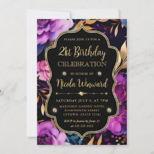 Aquarell-Rosa- und Goldblumen 21. Geburtstag Einladung