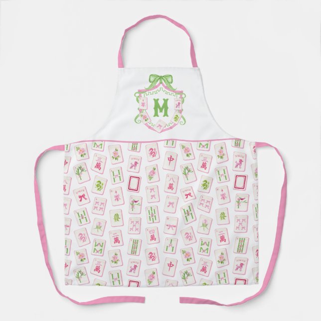 Aquarell-Rosa- und Grün-Schleife-Mahjong-Monogramm Schürze (Vorderseite)