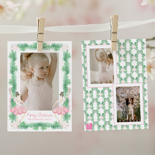 Aquarell-Rosa- und -Grün-Weihnachts-Ballerinen-Fot Feiertagskarte