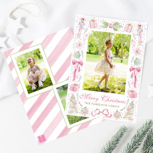 Aquarell-Rosa- und Grün-Weihnachtsrahmen-Foto Feiertagskarte