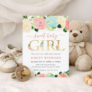 Aquarell Rosa und Mint Blumen Babyparty Einladung