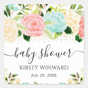 Aquarell Rosa und Mint Blumen Babyparty Quadratischer Aufkleber