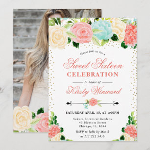 Aquarell Rosa und Mint Blumen Foto Sweet 16 Einladung