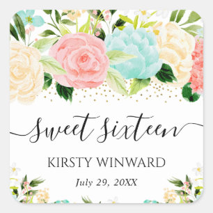 Aquarell-Rosa- und Mint-Blumen Sweet Sixteen Quadratischer Aufkleber
