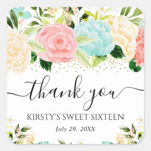 Aquarell-Rosa- und Mint-Blumen Sweet Sixteen Quadratischer Aufkleber