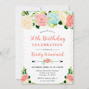 Aquarell Rosa und Mint Blüten 50. Geburtstag Einladung