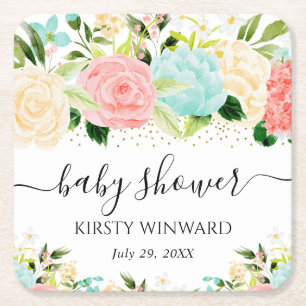 Aquarell-Rosa- und Minzblumen-Baby-Shower Rechteckiger Pappuntersetzer