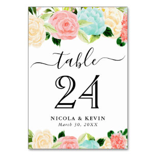 Aquarell-Rosa- und Minzblüten-Hochzeit Tischnummer