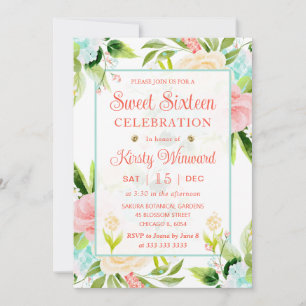 Aquarell-Rosa- und Minzblüten Sweet Sixteen Einladung