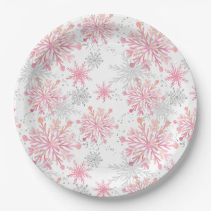 Aquarell-Rosa- und Silber-Glitter-Winter-Schneeflo Pappteller