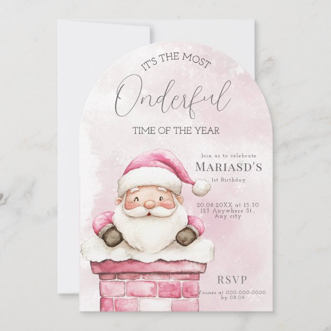 Aquarell Rosa Weihnachten 1. Geburtstag Einladung (Vorderseite)