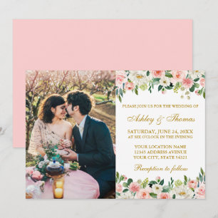 Aquarell-Rosa-Weiß-Blumen-Gold-Foto-Hochzeit Einladung