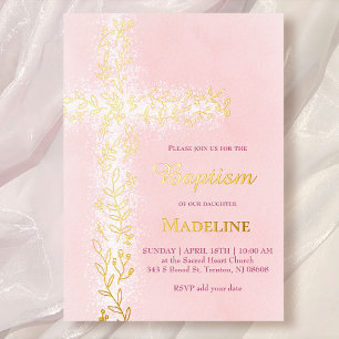 Aquarell rosa weiß gold Kreuz Taufe Folieneinladung