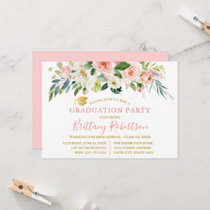 Aquarell-Rosa-Weiße-Floral-Gold-Abschlussfeier Einladung