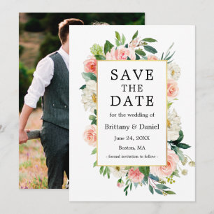 Aquarell-Rosa-Weiße-Floral-Goldrahmen-Foto-Rücksei Save The Date