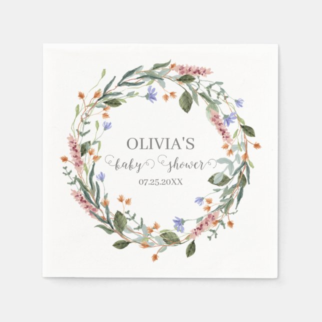 Aquarell Rosa Wildblume Rustikale Boho Babydusche Serviette (Vorderseite)