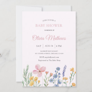 Aquarell-Rosa-Wildblumen-Baby-Shower Einladung