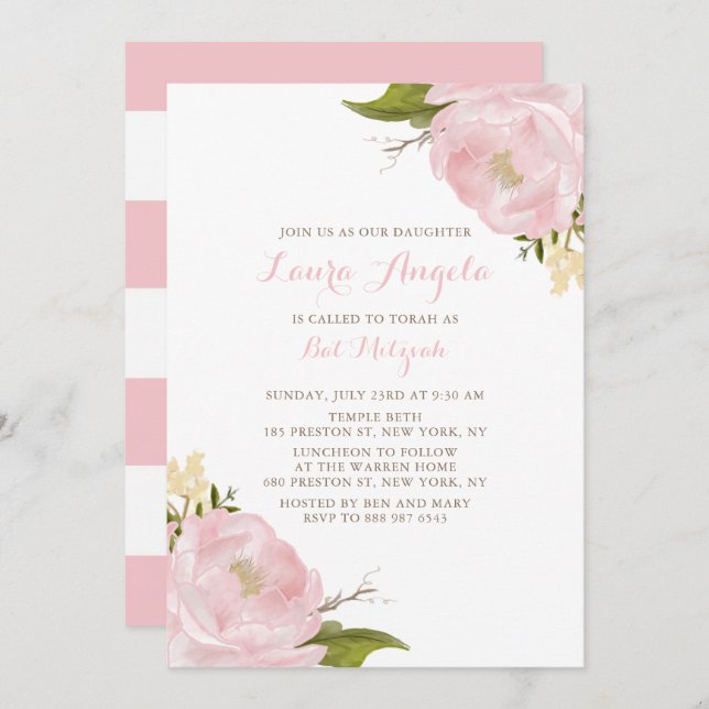 Aquarell Rosa Ziegel Bat Mitzvah Einladung (Vorne/Hinten)