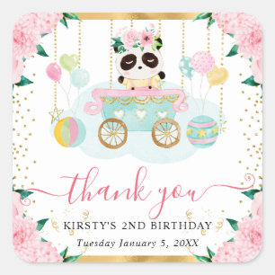 Aquarell Rosa Zirkus Panda Floral Geburtstag Quadratischer Aufkleber