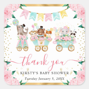 Aquarell-Rosa-Zirkustiere Florale Babyparty Quadratischer Aufkleber