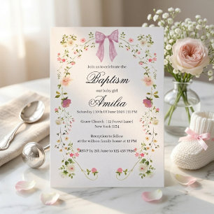 Aquarell-Rosaband-Blumen-Taufkleid für Baby Mädche Einladung
