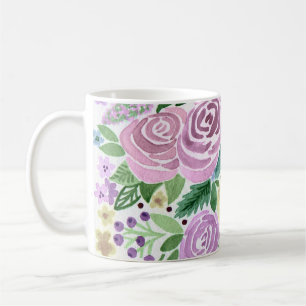 Aquarell rosafarbene Rosen Blumen grüne Blätter we Kaffeetasse