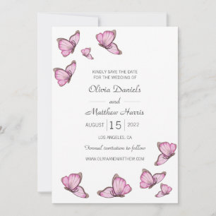 Aquarell rosafarbene Schmetterlinge. Hochzeit Save The Date