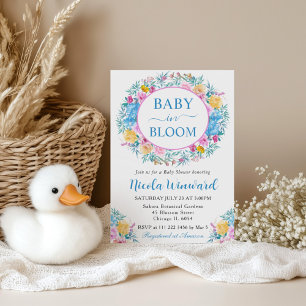 Aquarell-Rosafarbene und blaue Kranz-Baby-Party Einladung