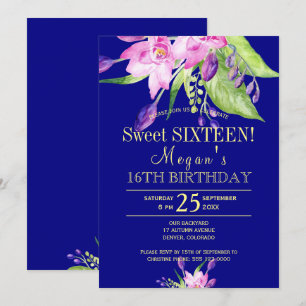 Aquarell-Rosaton marineblaue Blumen Sweet Sixteen Einladung