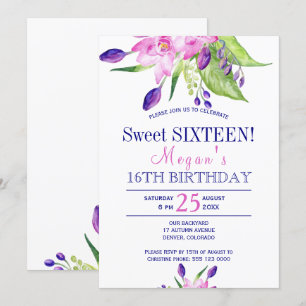 Aquarell-Rosaton marineblaue Blumen Sweet Sixteen Einladung