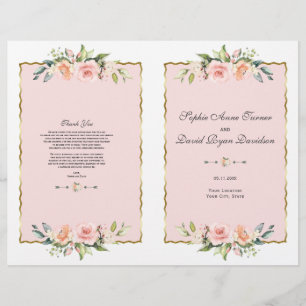 Aquarell-Rosé-Blumen-Goldrahmen-Hochzeitsprogramm Flyer