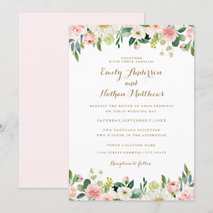 Aquarell-Rosé-Blumenhochzeit Einladung
