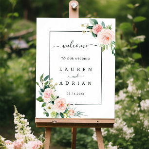 Aquarell-Rosé-Blüten-Hochzeits-Willkommensschild Poster