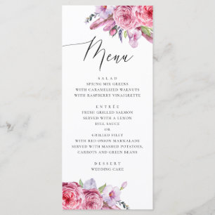 Aquarell-Rosé-Boho-Floral und Federn Hochzeit Menükarte