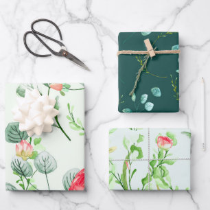 Aquarell-Rose, Eukalyptus und Foliage Assorted Geschenkpapier Set
