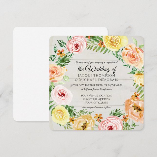 Aquarell Rose Kräne Rose Rustikales Holz Einladung (Vorne/Hinten)