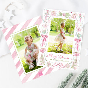 Aquarell-Rosé- und Grün-Weihnachtsrahmen-Foto Feiertagskarte