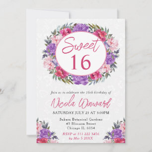 Aquarell-Rosé und Lila Sommer-Kranz Sweet 16 Einladung