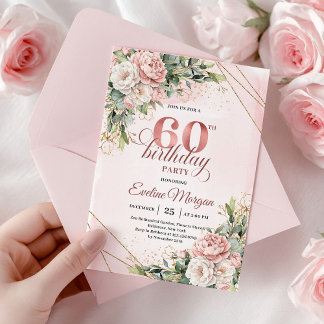 Aquarell-Roségold-Blumen-Dusty-Pink-60. Geburtstag Einladung