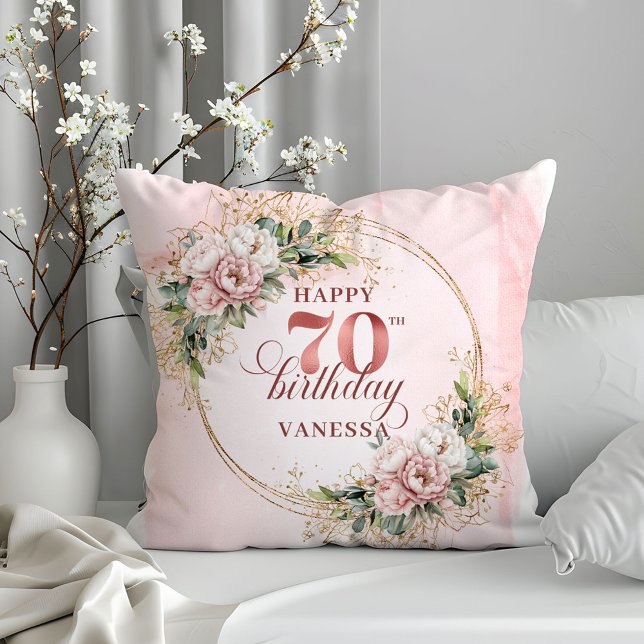 Aquarell-Roségold-Blumen-Eukalyptus-Kunst 70. Kissen (Watercolor Rose Gold Floral Eucalyptus Art 70th birthday pillow

)