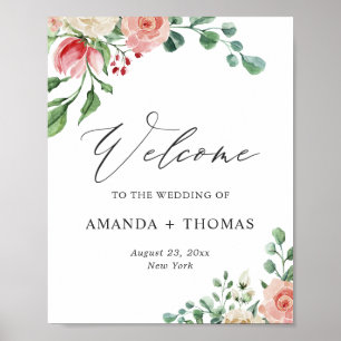 Aquarell-Rosen-Blumen-Hochzeit-Willkommensschild Poster