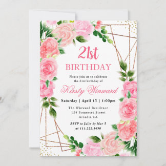 Aquarell Rosen Gold Rahmen 21. Geburtstag Einladung
