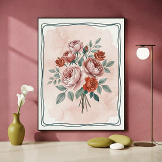 Aquarell-Rosen in Blush und Rost - Vintage-Blumenk Poster