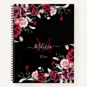Aquarell-Rosen-Monogramm Schwarz Notizbuch