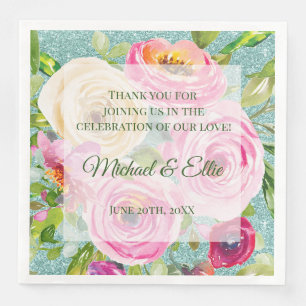 Aquarell-Rosen Pink Creme Aquamarin Glitter Hochze Serviette