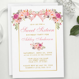 Aquarell-Rosen Rosa Schleife Sweet Sixteen Party Einladung