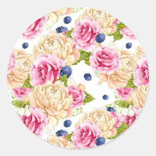 Aquarell-Rosen- und Blaubeeren-Muster Botanisch Runder Aufkleber